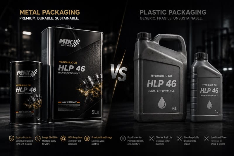 Comparison between metal and plastic industrial packaging design for lubricant brands