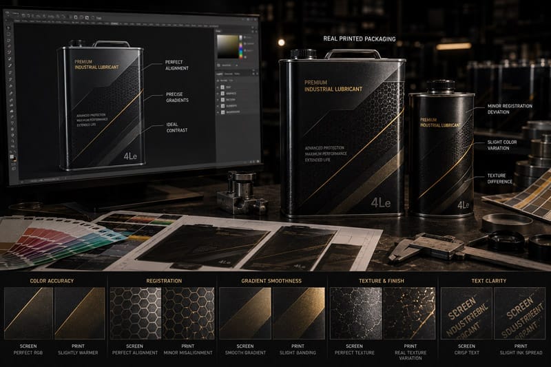Comparison between packaging mockups and final printed industrial packaging